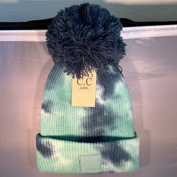 NEW! Kid’s Teal Blue or Yellow Gray Tie Dye Pom Pom Ribbed Beanie (K0082) - Picture 13 of 13